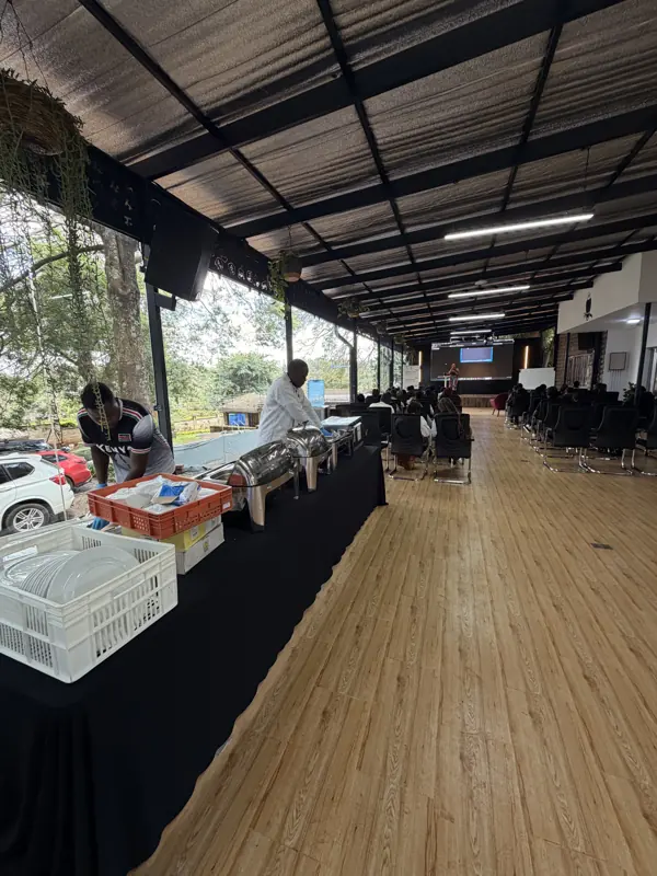 Long buffet table prepared for a corporate event